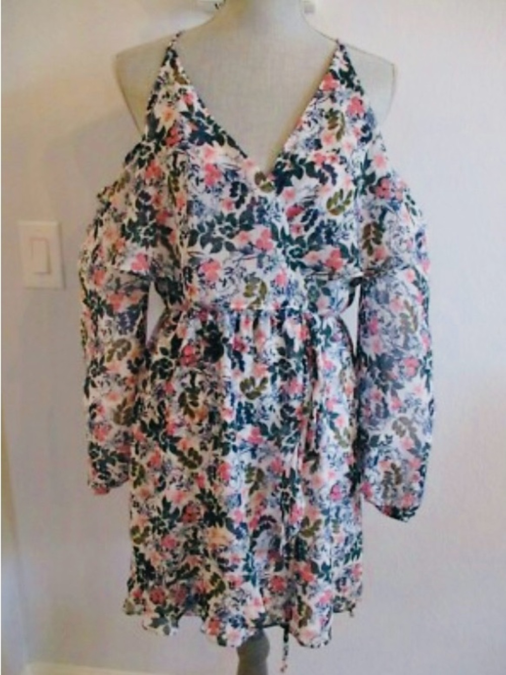 BCBGeneration Floral V-Neck Dress in White, Navy & Coral